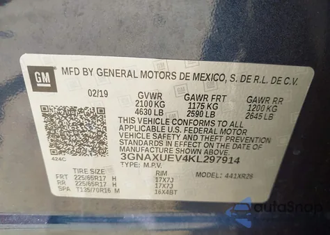 2019 Chevrolet Equinox Lt from USA, damaged, VIN 3GNAXUEV4KL297914